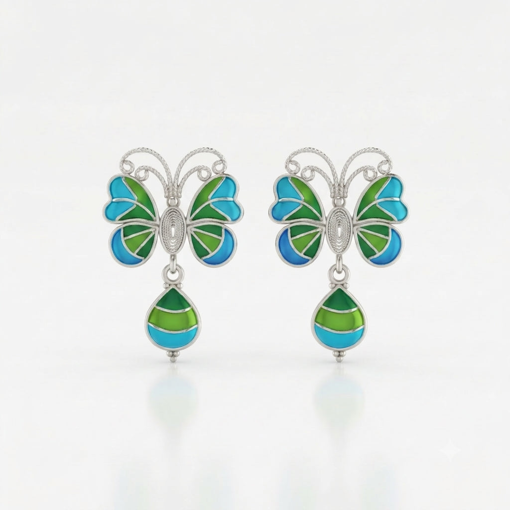 Blue Green Filigree Butterfly Enamel Drop Earrings