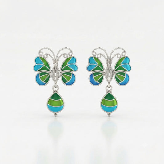 Blue Green Filigree Butterfly Enamel Drop Earrings