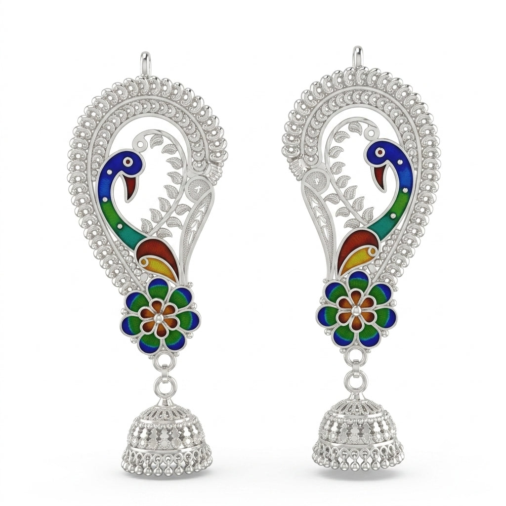 Peacock Floral Vine Meenakari Kaan Jhumka Earrings
