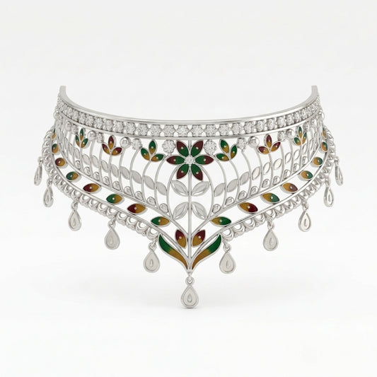 Floral Leaf Meenakari Crown Choker Necklace