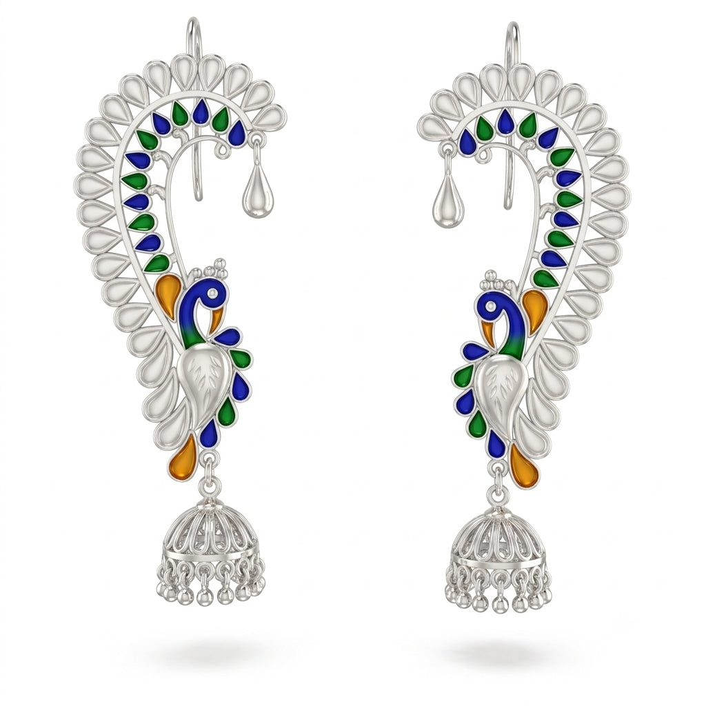 Blue Green Peacock Ear Cuff Kaan Jhumka Earrings