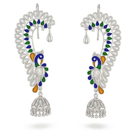 Blue Green Peacock Ear Cuff Kaan Jhumka Earrings