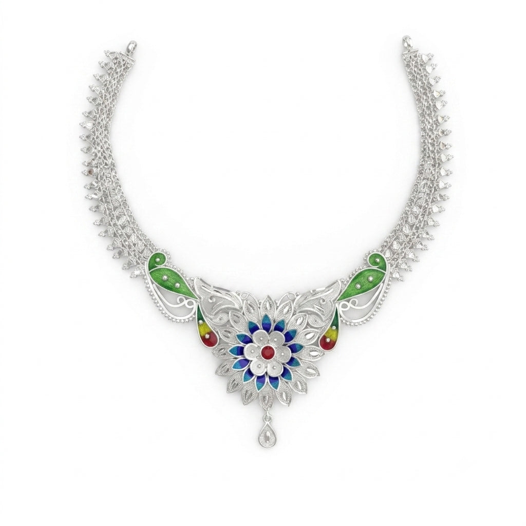 Blue Green Lotus Layered Chain Meenakari Necklace