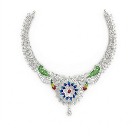Blue Green Lotus Layered Chain Meenakari Necklace
