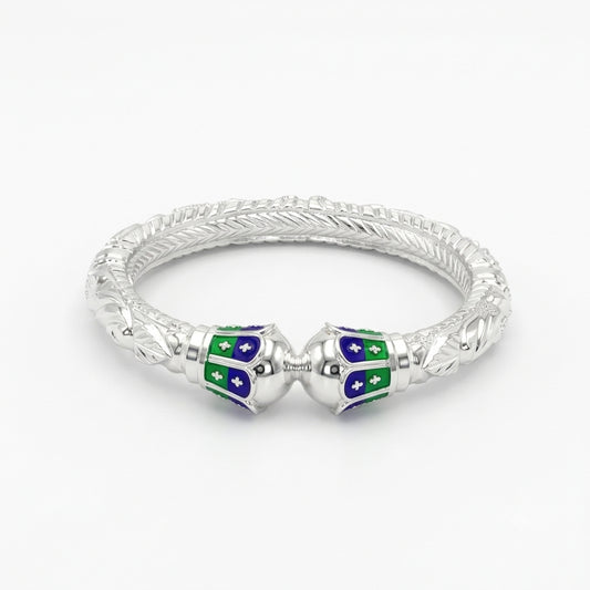 Green Blue Round Mukh Naksha Bala Silver Bangle