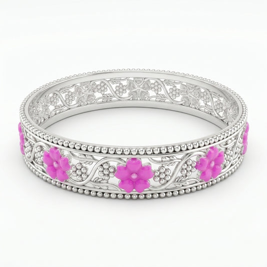 Pink Floral Vine Beaded Edge Meenakari Bangle