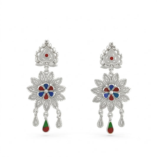 Red Blue Filigree Petal Meenakari Drop Earrings