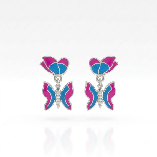 Pink Blue Butterfly Enamel Drop Earrings