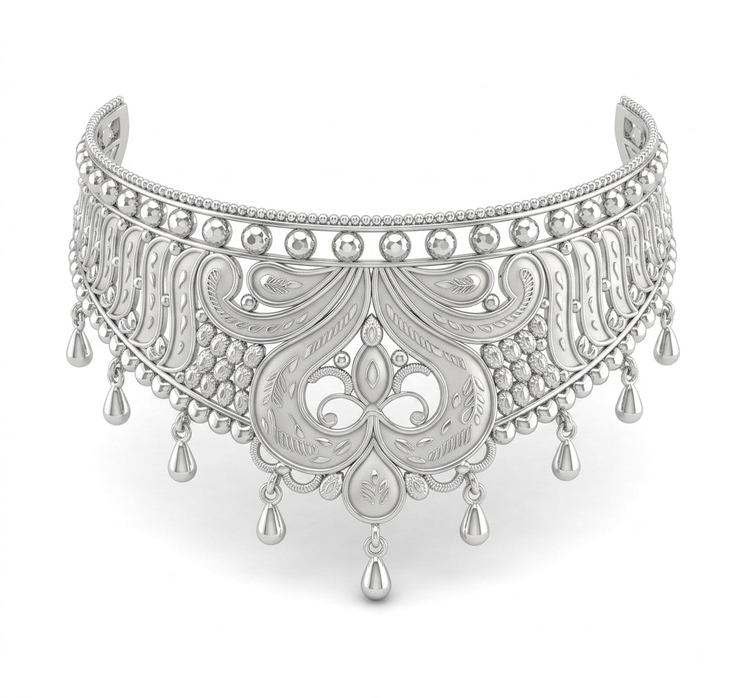 Paisley Teardrop Silver Crown Choker Necklace