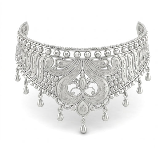 Paisley Teardrop Silver Crown Choker Necklace
