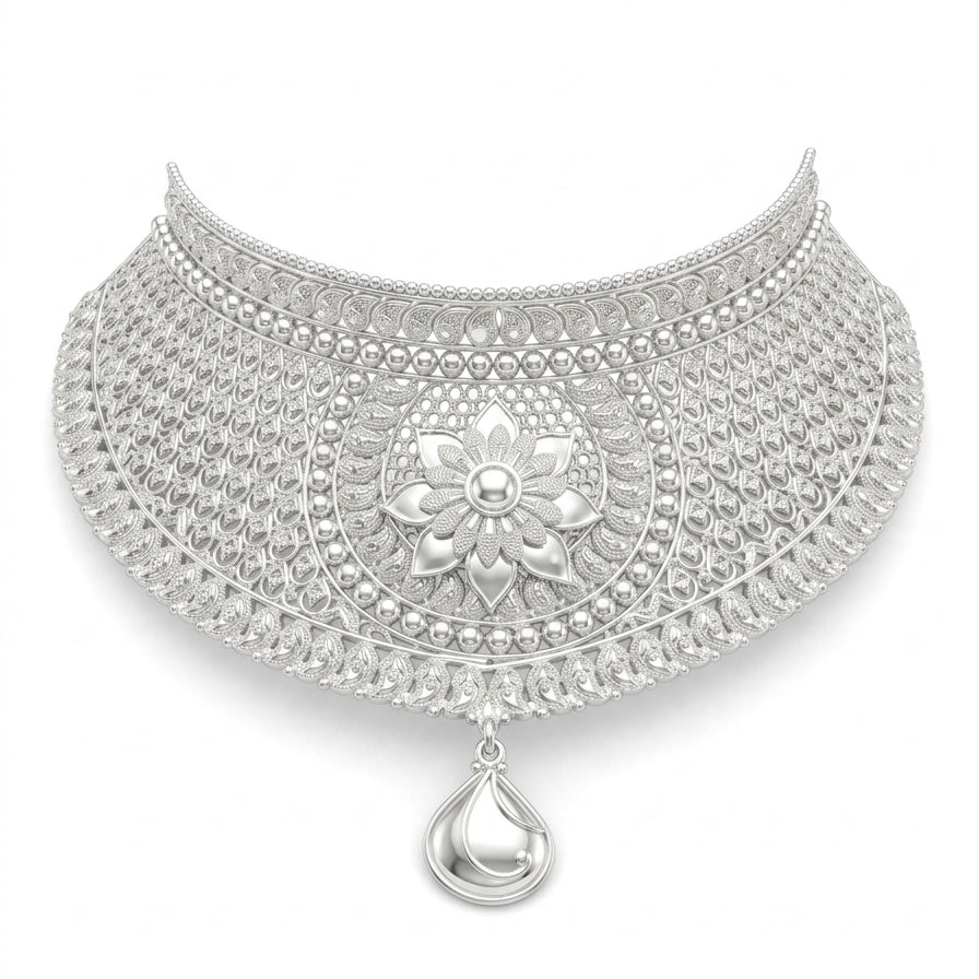 Large Flower Teardrop Pendant Sabeki Choker Necklace