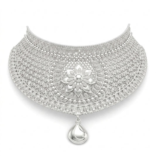 Large Flower Teardrop Pendant Sabeki Choker Necklace