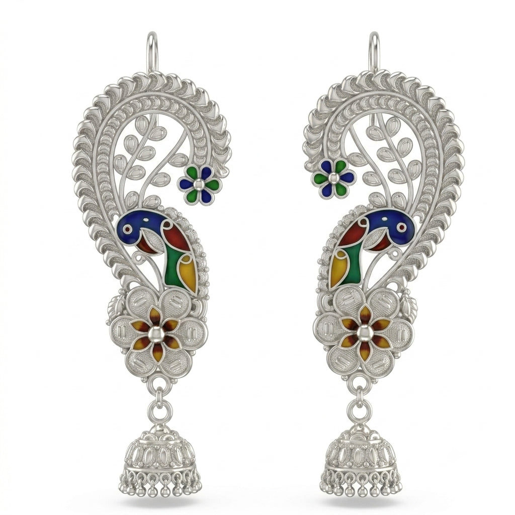 Peacock Floral Leaf Meenakari Kaan Jhumka Earrings