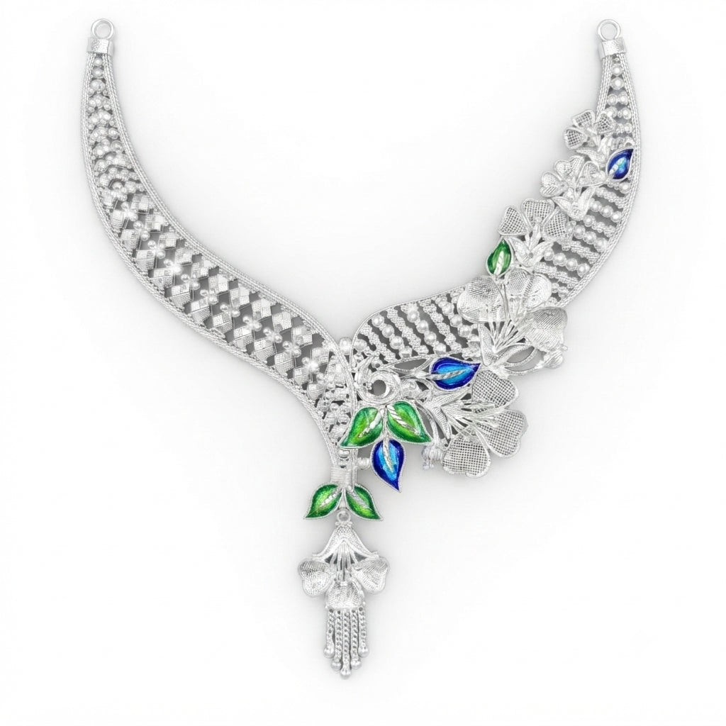 Blue Green Leaf Floral Meenakari Broad Necklace