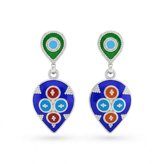 Royal Blue Four Dot Teardrop Meenakari Drop Earrings