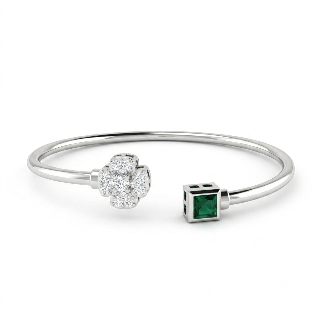 Green Square Gemstone Floral Zircon Studded Cuff Bracelet