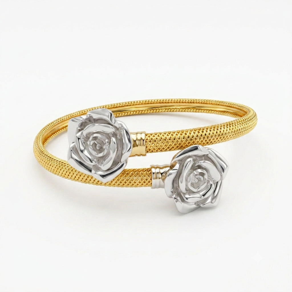 Twin Rose Overlap Flexible Dual-Tone Bracelet