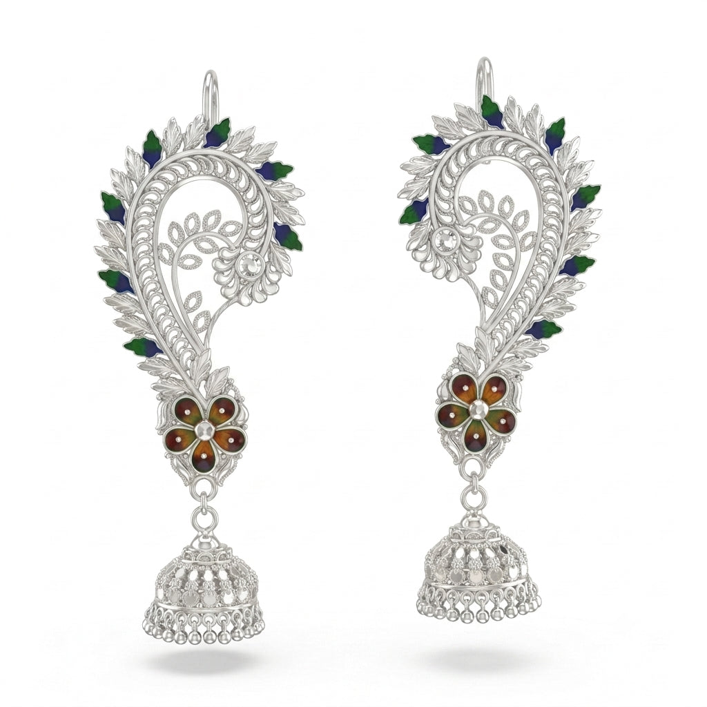 Floral Leaf Meenakari Kaan Jhumka Earrings