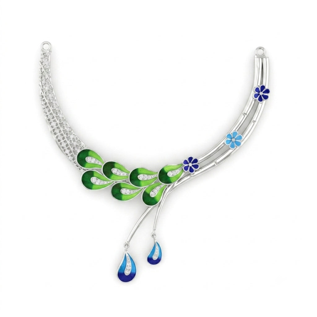 Green Blue Peacock Feather Meenakari Collar Necklace