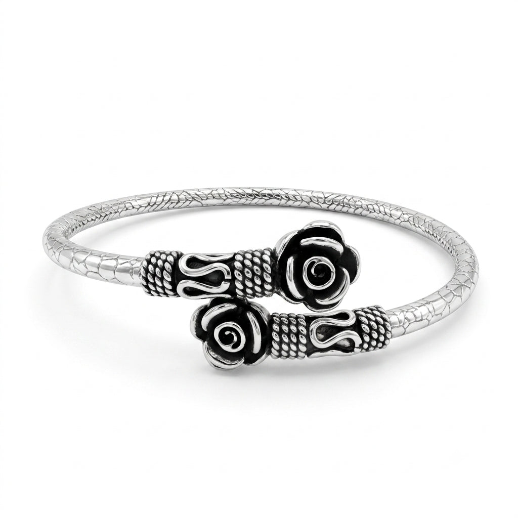 Oxidised Overlap Twin Rose Bracelet