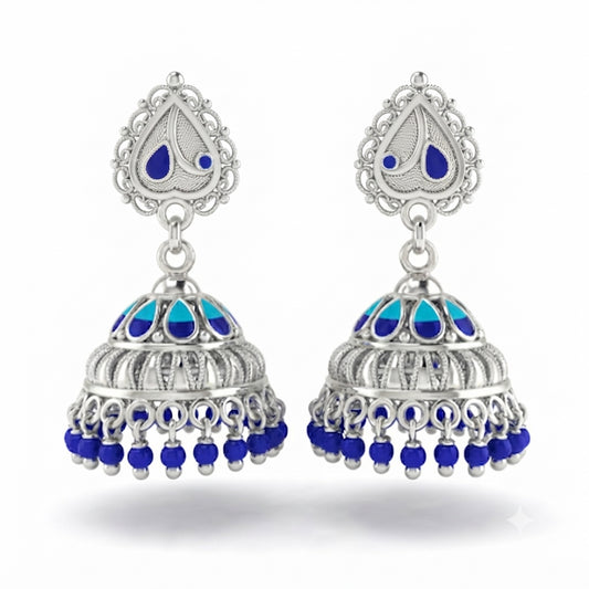 Blue Teardrop Top Filigree Beaded Jhumka Earrings