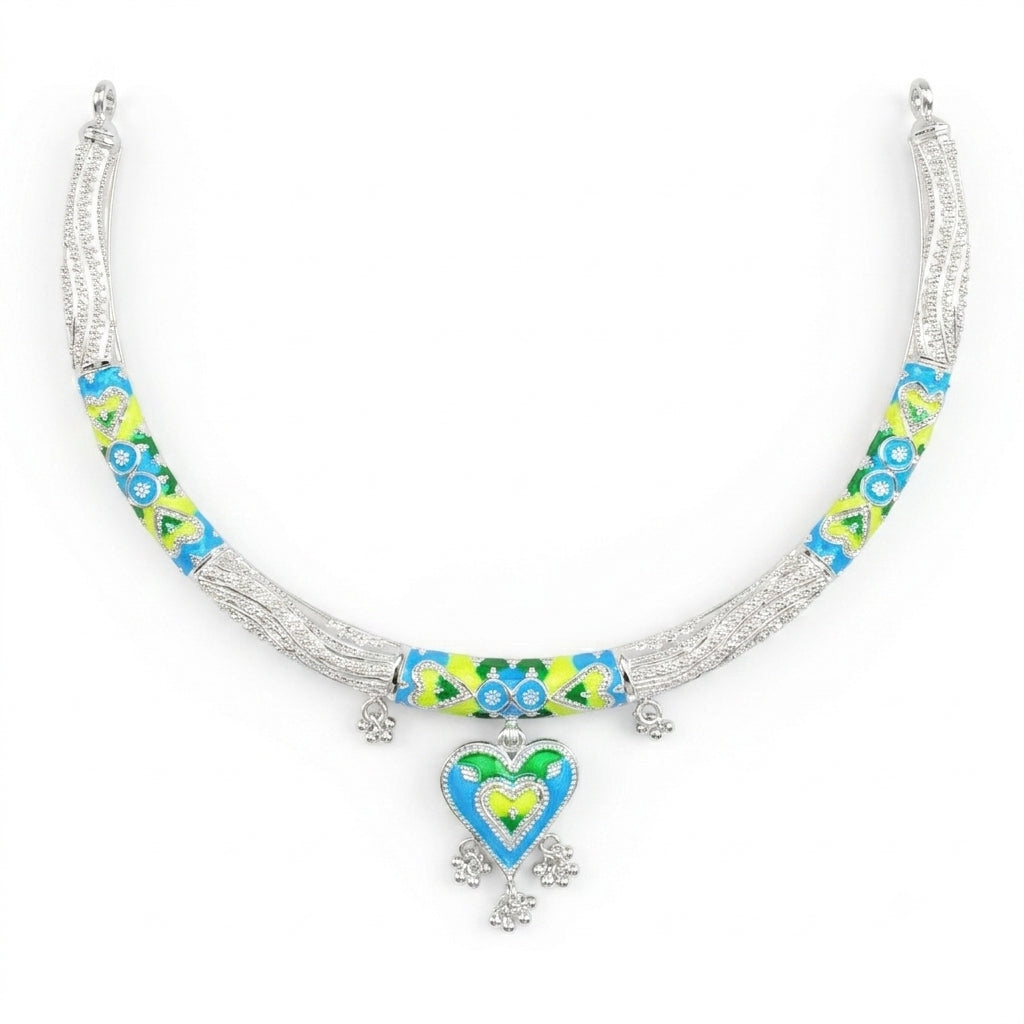 Blue Green Heart Meenakari Hanshuli Necklace