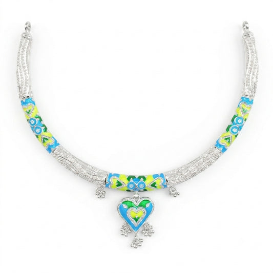 Blue Green Heart Meenakari Hanshuli Necklace